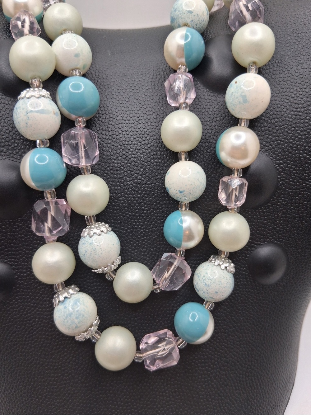 Vintage Japan 3 Strand Beaded Necklace Faux Pearl Blue Pink Lucite Glass Costume